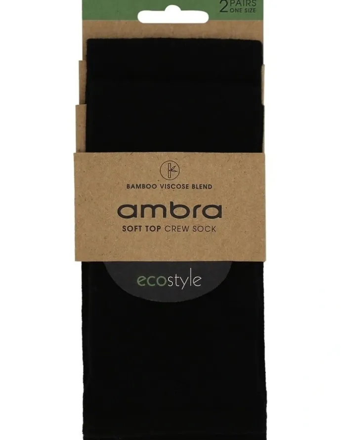 Ambra Bamboo Soft Top Crew Length Socks 2 Pair in Black