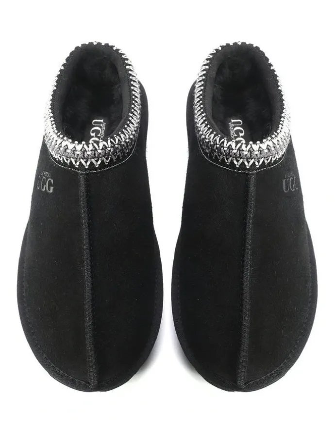 Aus Wooli Ugg Sheepskin Ankle Braid Croydon Slippers in Black
