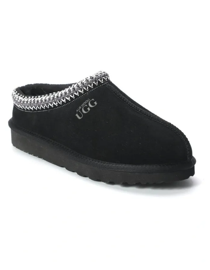 Aus Wooli Ugg Sheepskin Ankle Braid Croydon Slippers in Black