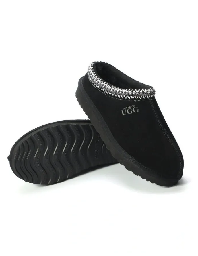 Aus Wooli Ugg Sheepskin Ankle Braid Croydon Slippers in Black