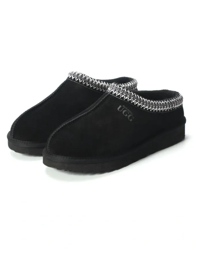 Aus Wooli Ugg Sheepskin Ankle Braid Croydon Slippers in Black