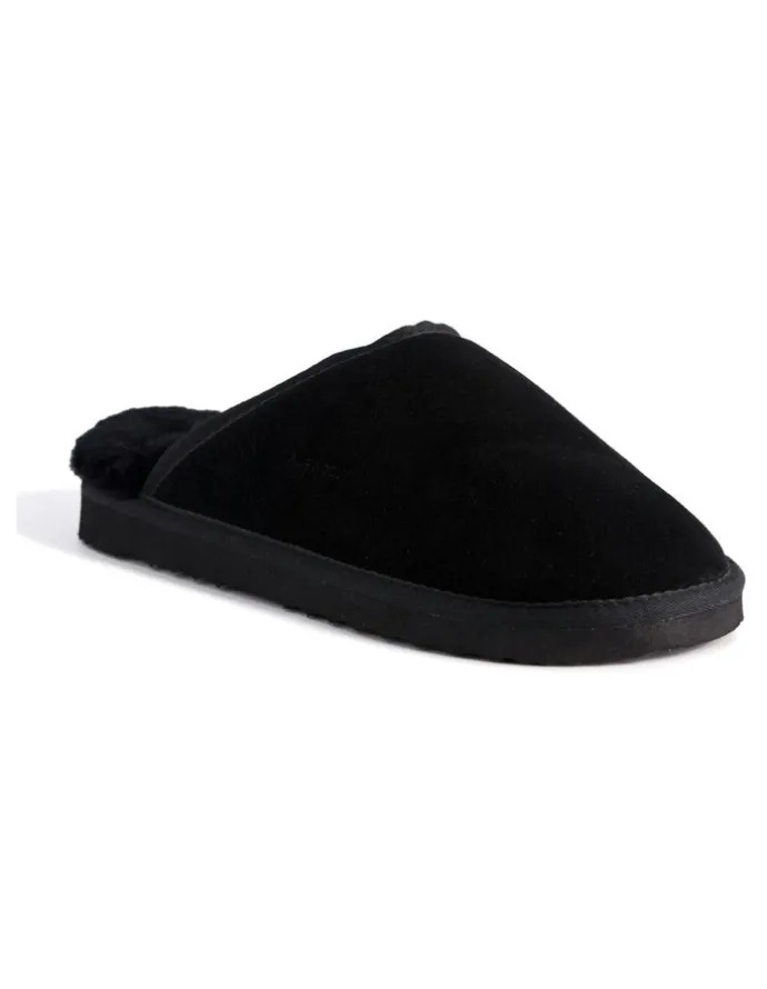 Aus Wooli Ugg Sheepskin Wool Manly Slippers in Black