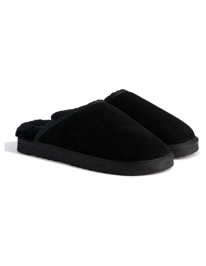 Aus Wooli Ugg Sheepskin Wool Manly Slippers in Black