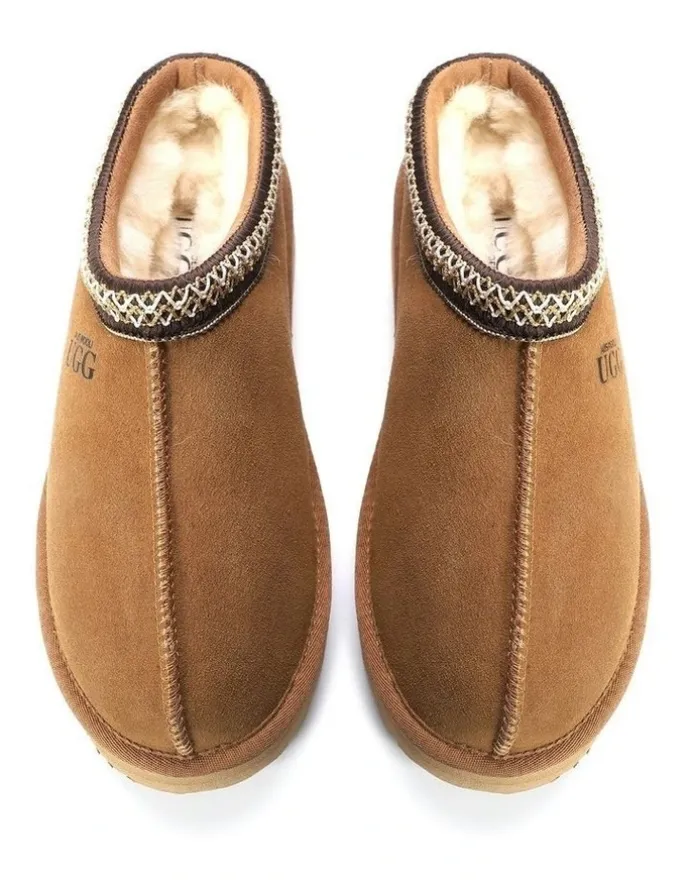 Aus Wooli Ugg Sheepskin Wool Ankle Braid Platform Mentone Slippers in TAN
