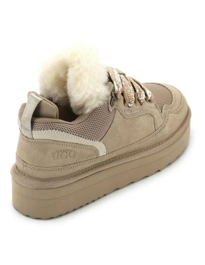Aus Wooli Ugg Urban Chic Sheepskin Wool Lace-Up Sneakers in Beige