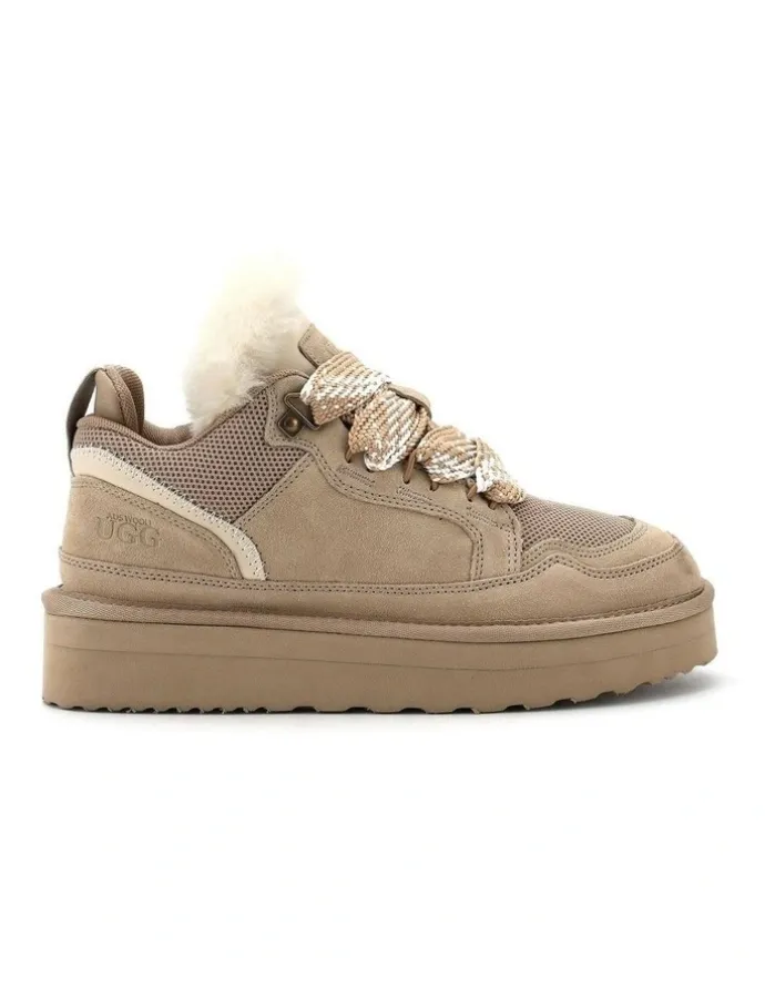 Aus Wooli Ugg Urban Chic Sheepskin Wool Lace-Up Sneakers in Beige
