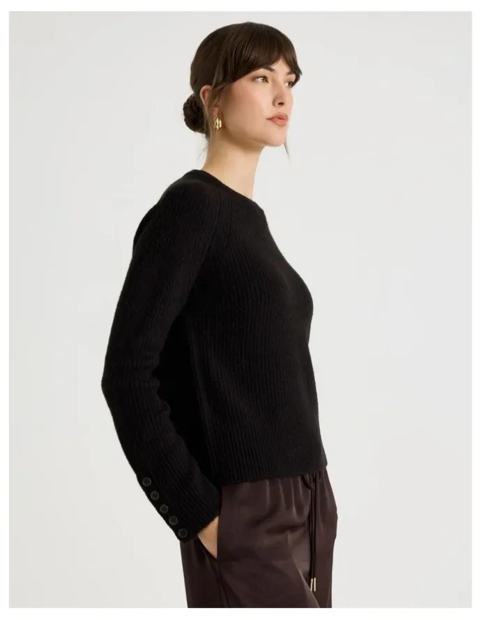 Basque Long Sleeve Crewneck Rib Knit in Black