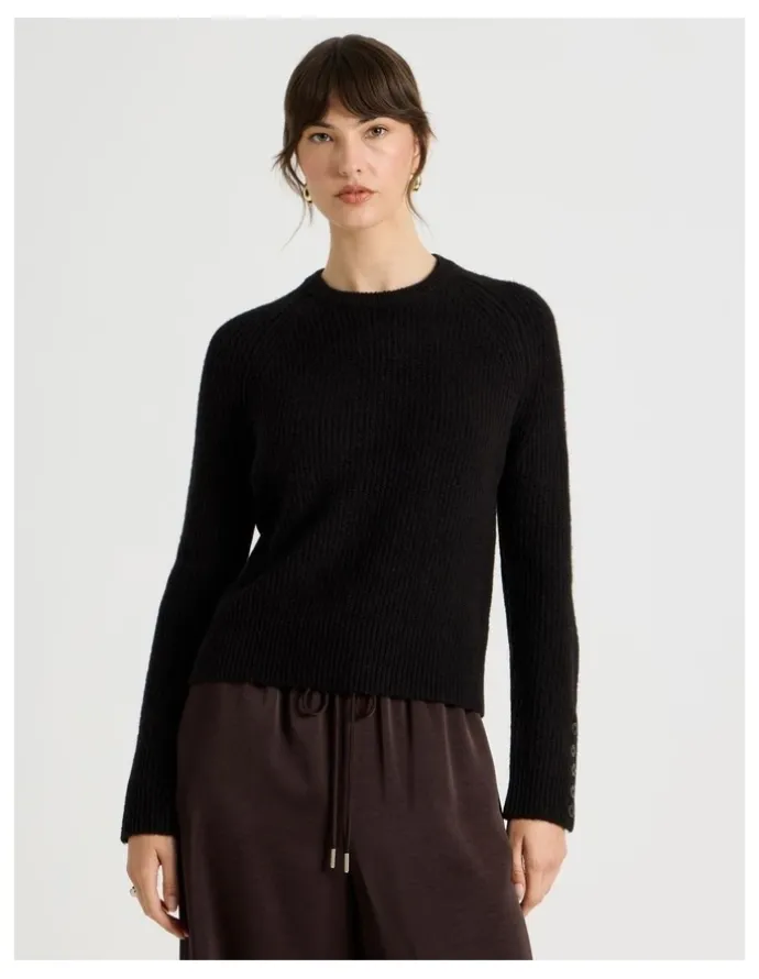 Basque Long Sleeve Crewneck Rib Knit in Black
