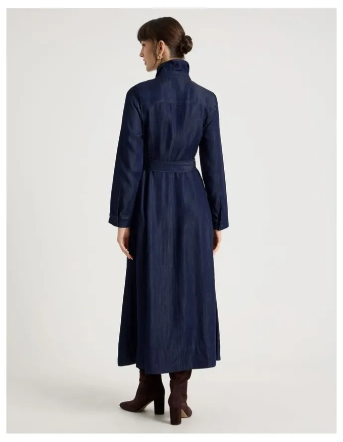 Basque Long Sleeve Denim Midi Dress in Denim