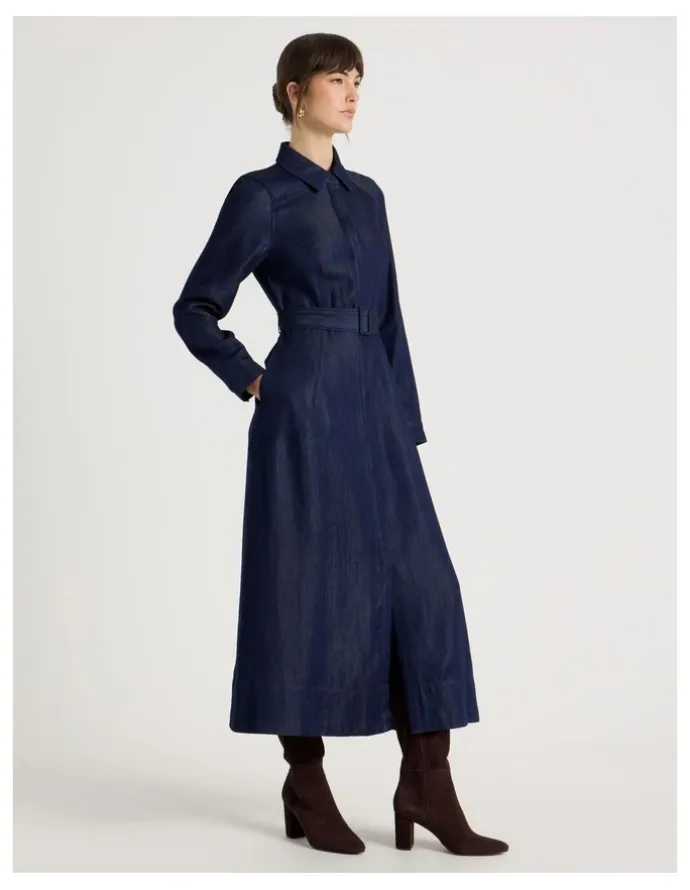 Basque Long Sleeve Denim Midi Dress in Denim