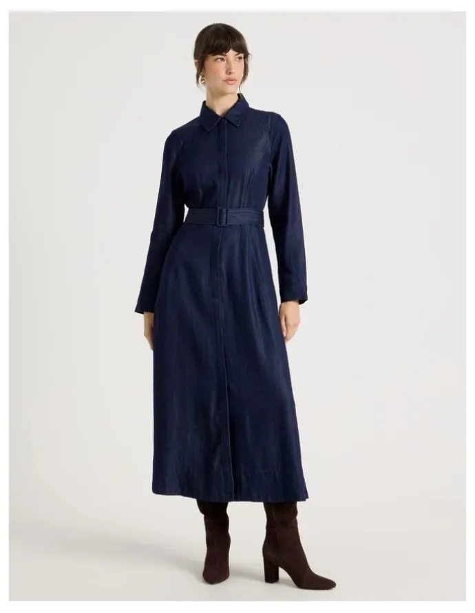 Basque Long Sleeve Denim Midi Dress in Denim