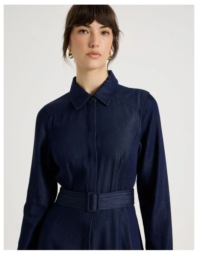 Basque Long Sleeve Denim Midi Dress in Denim