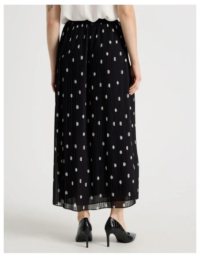Basque Pleated Midi Skirt in Black and White Polka Dot