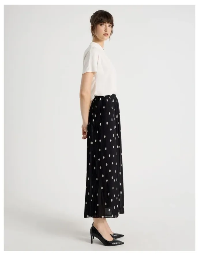 Basque Pleated Midi Skirt in Black and White Polka Dot