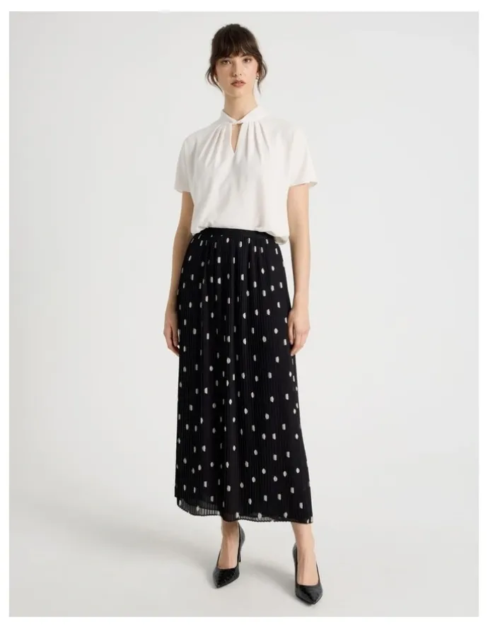 Basque Pleated Midi Skirt in Black and White Polka Dot