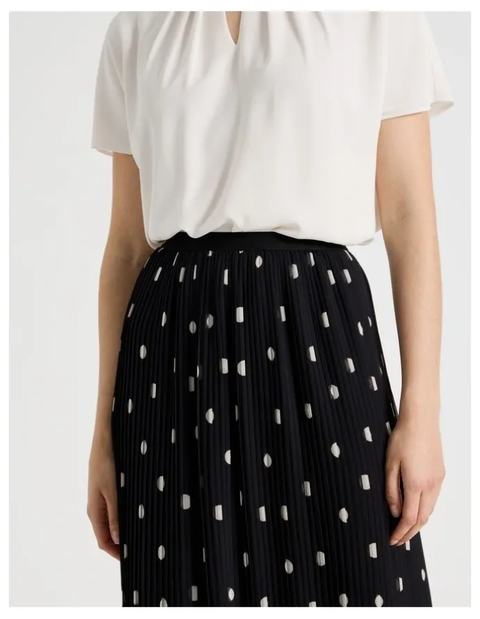 Basque Pleated Midi Skirt in Black and White Polka Dot