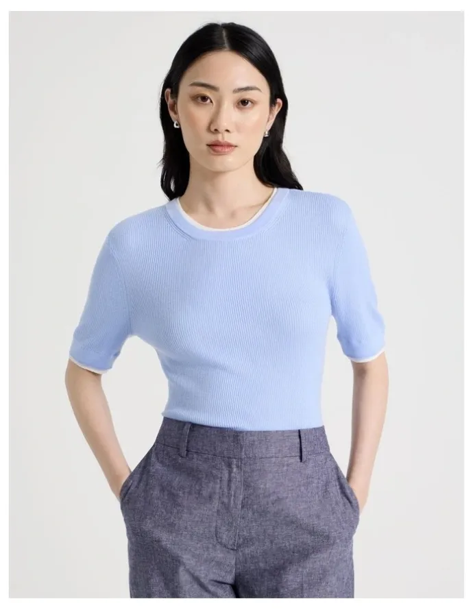 Basque Short Sleeve Double Layer Knit Tee in Light Blue