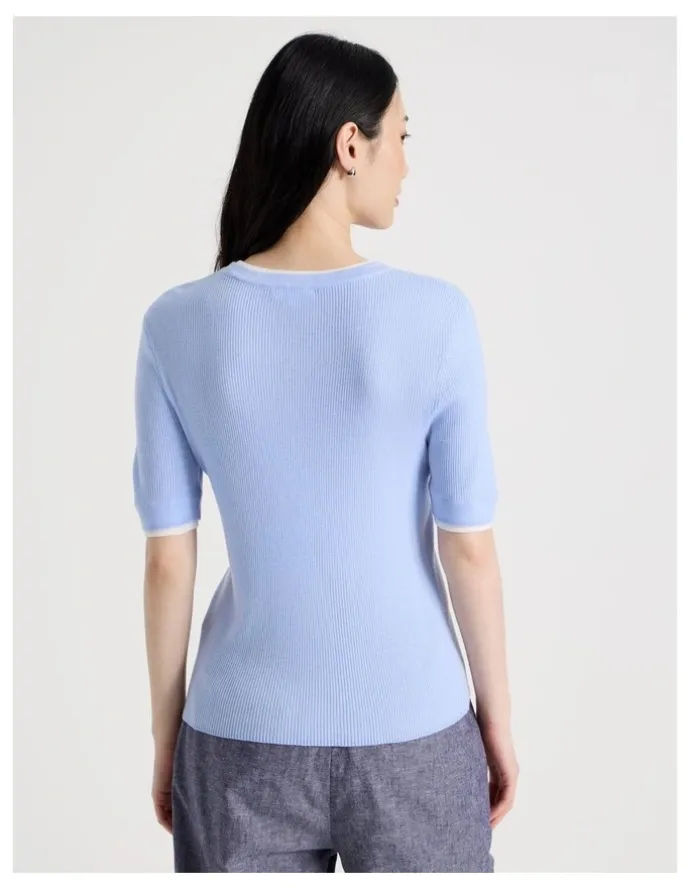 Basque Short Sleeve Double Layer Knit Tee in Light Blue