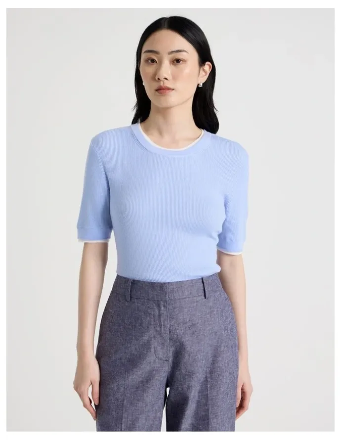 Basque Short Sleeve Double Layer Knit Tee in Light Blue
