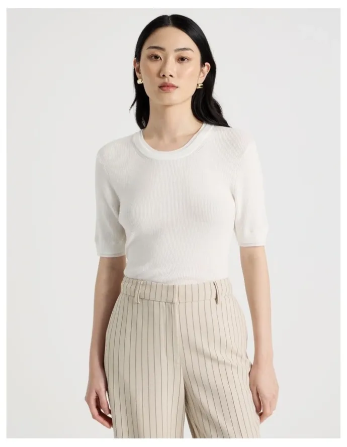 Basque Short Sleeve Double Layer Knit Tee in White