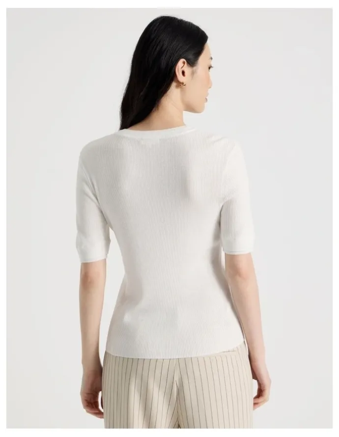 Basque Short Sleeve Double Layer Knit Tee in White