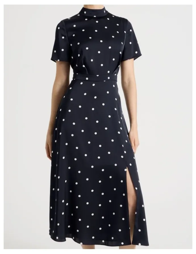 Basque Short Sleeve Satin High Neck Midi Dress in Black and White Polka Dot Print