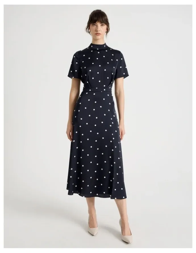 Basque Short Sleeve Satin High Neck Midi Dress in Black and White Polka Dot Print