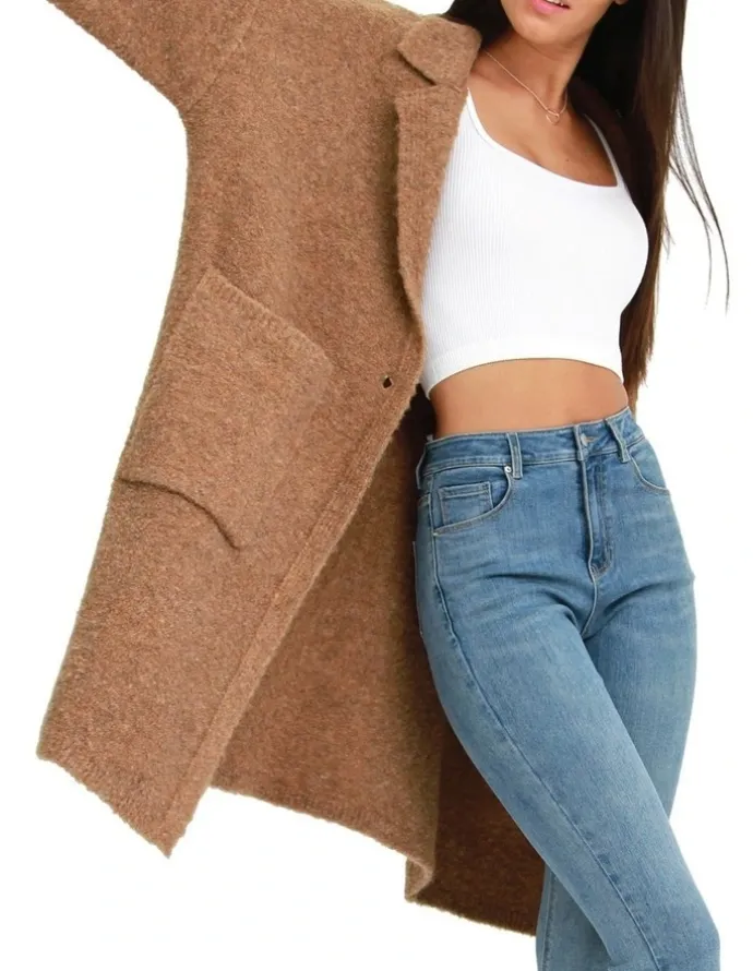 Belle & Bloom Days Go By Sustainable Blazer Cardigan in Camel