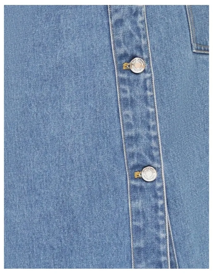 Belle & Bloom Edge Line Denim Maxi Skirt with Side Buttons in Mid Denim Wash