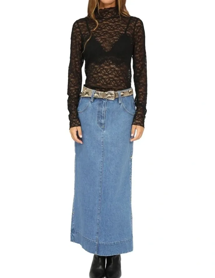 Belle & Bloom Edge Line Denim Maxi Skirt with Side Buttons in Mid Denim Wash
