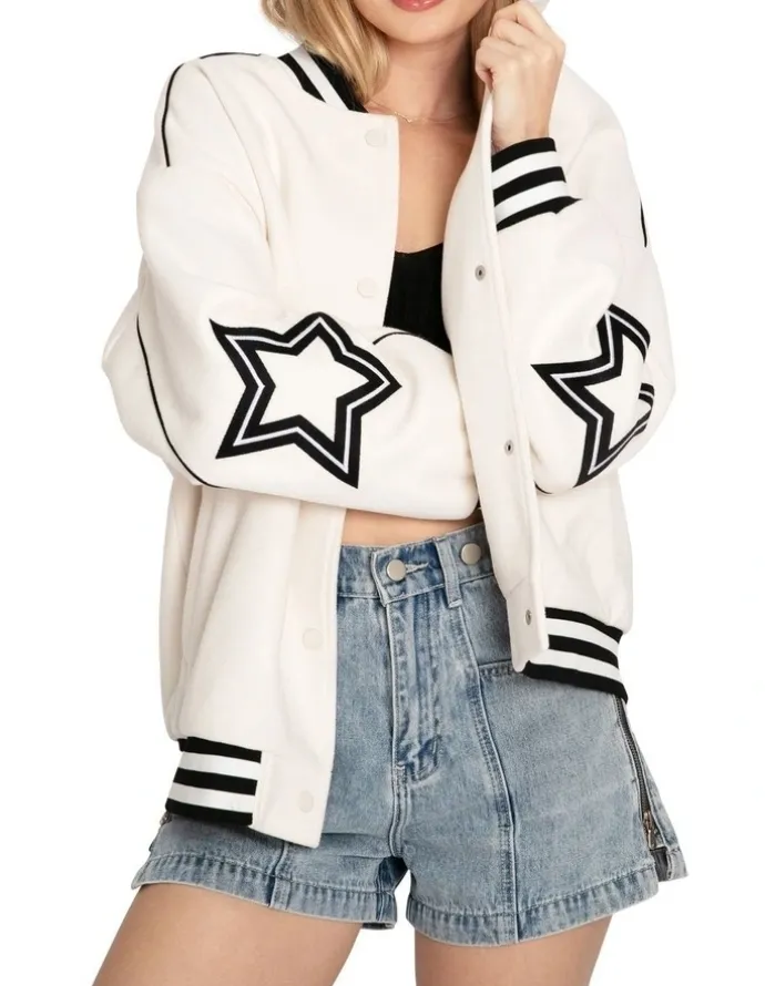 Belle & Bloom Hold Me Close Letterman Bomber Jacket in White