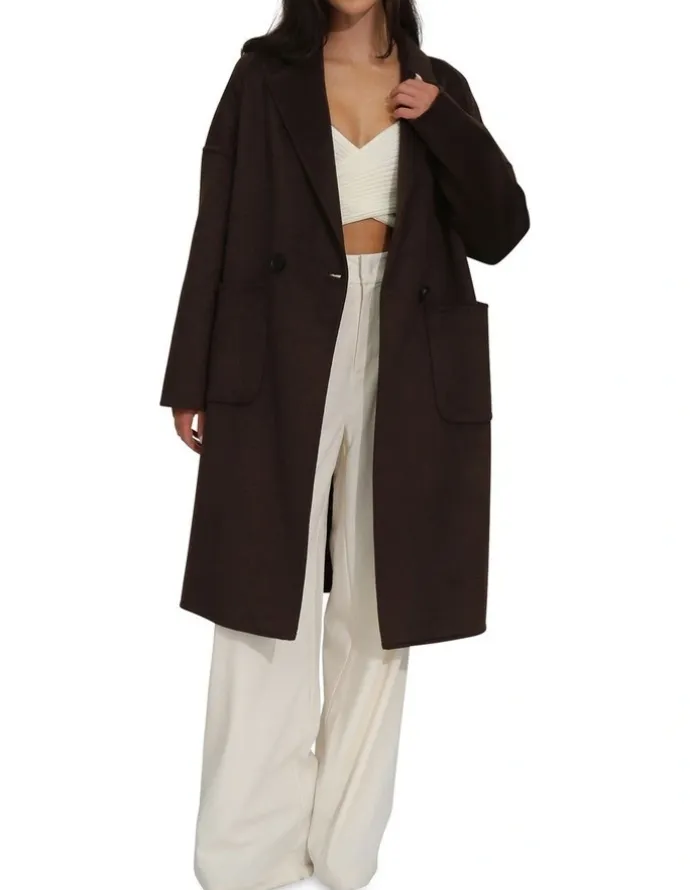 Belle & Bloom Publisher Double-Breasted Wool Blend Coat in Chocolate