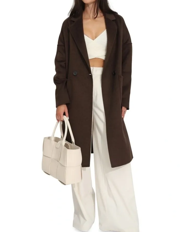 Belle & Bloom Publisher Double-Breasted Wool Blend Coat in Chocolate