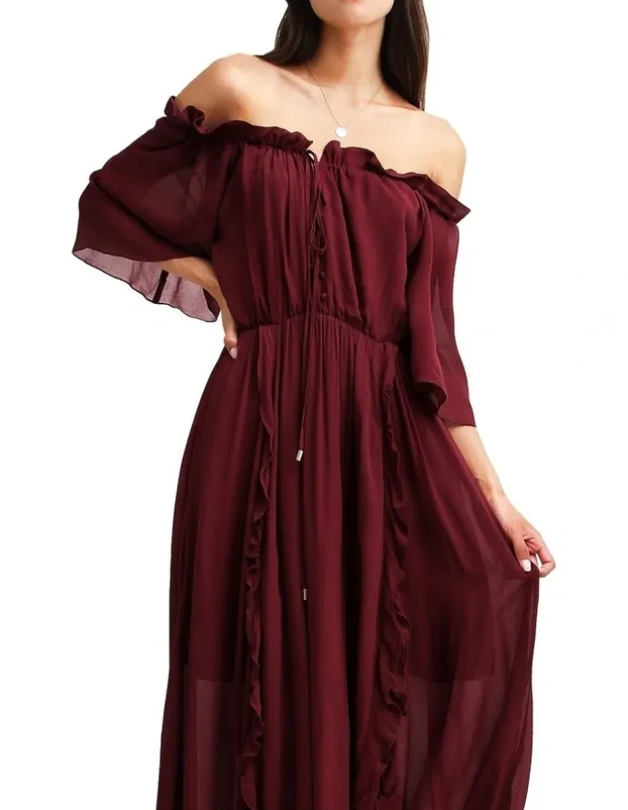 Belle & Bloom Amour Amour Ruffled Midi Dress in Burgundy