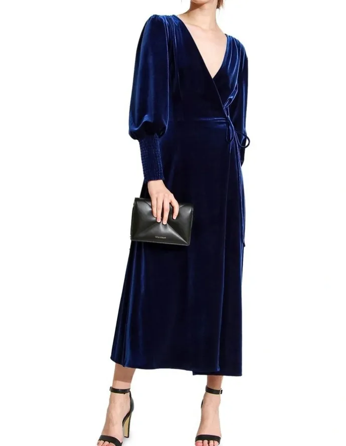 Belle & Bloom Current Mood Velvet Wrap Dress in Blue