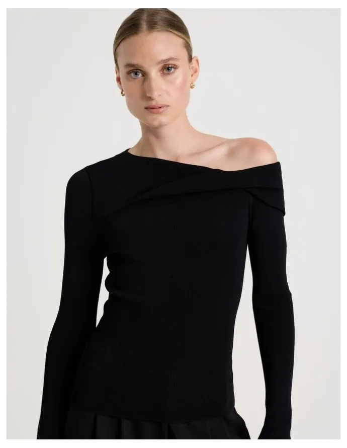 Blaq Asymmetrical Off The Shoulder Knit Top in Black