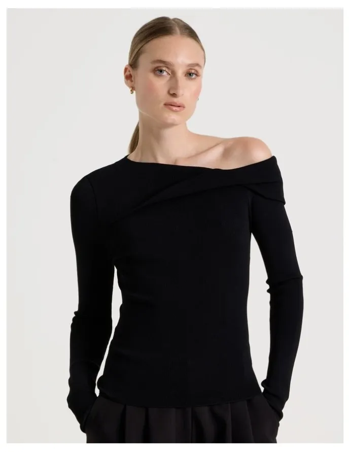 Blaq Asymmetrical Off The Shoulder Knit Top in Black