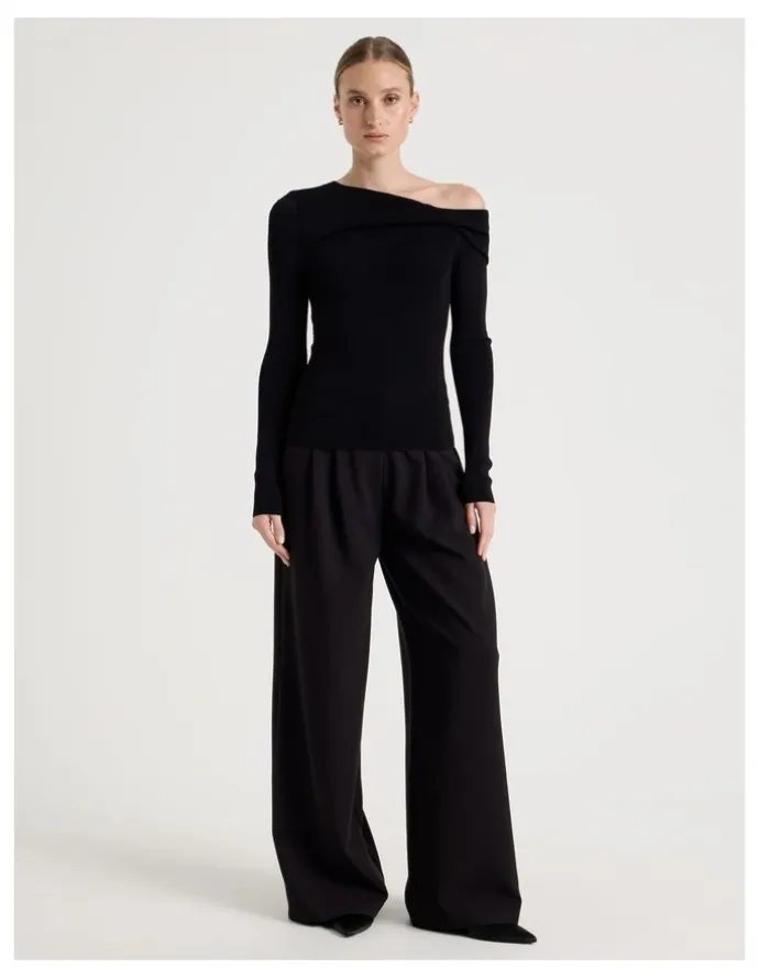 Blaq Asymmetrical Off The Shoulder Knit Top in Black