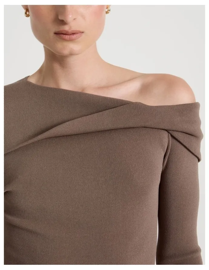 Blaq Asymmetrical Off The Shoulder Knit Top in Taupe
