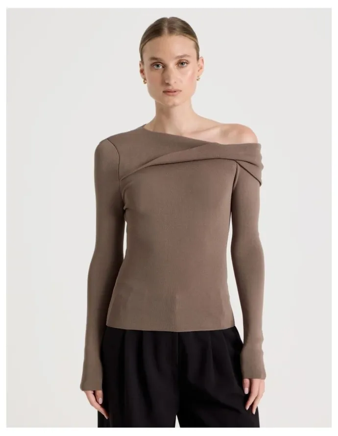 Blaq Asymmetrical Off The Shoulder Knit Top in Taupe