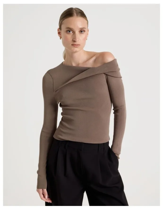 Blaq Asymmetrical Off The Shoulder Knit Top in Taupe