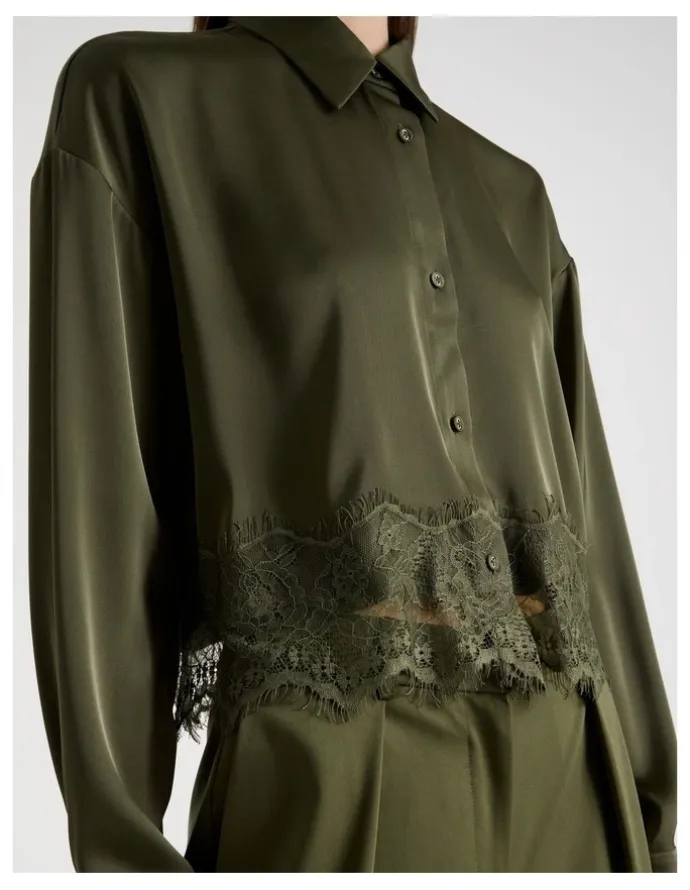 Blaq Satin Lace Trim Cropped Shirt in Khaki