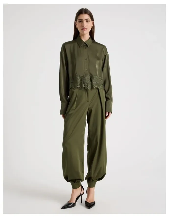 Blaq Satin Lace Trim Cropped Shirt in Khaki
