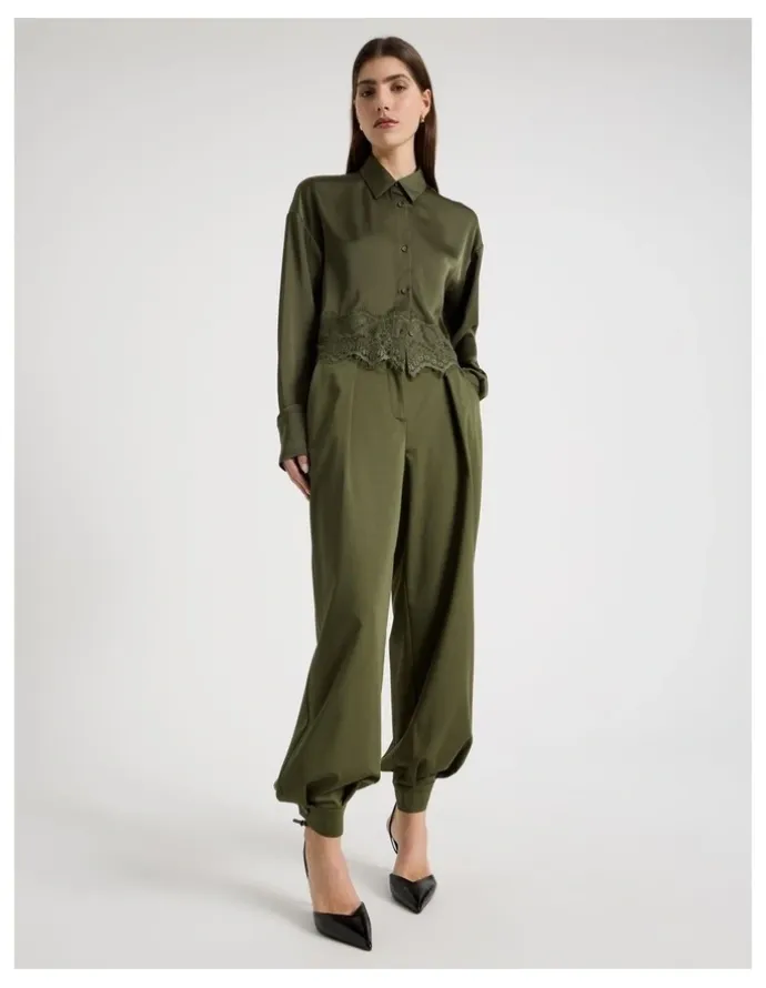 Blaq Satin Lace Trim Cropped Shirt in Khaki