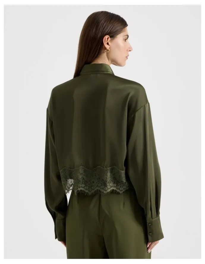 Blaq Satin Lace Trim Cropped Shirt in Khaki