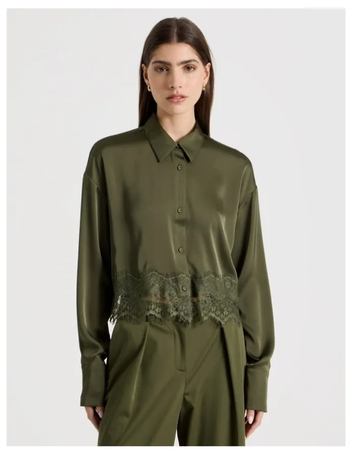 Blaq Satin Lace Trim Cropped Shirt in Khaki