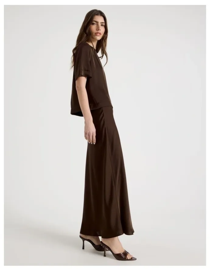 Blaq Satin Maxi Slip Skirt in Brown