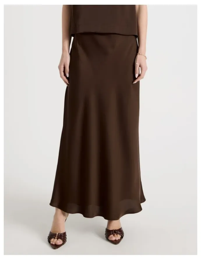 Blaq Satin Maxi Slip Skirt in Brown