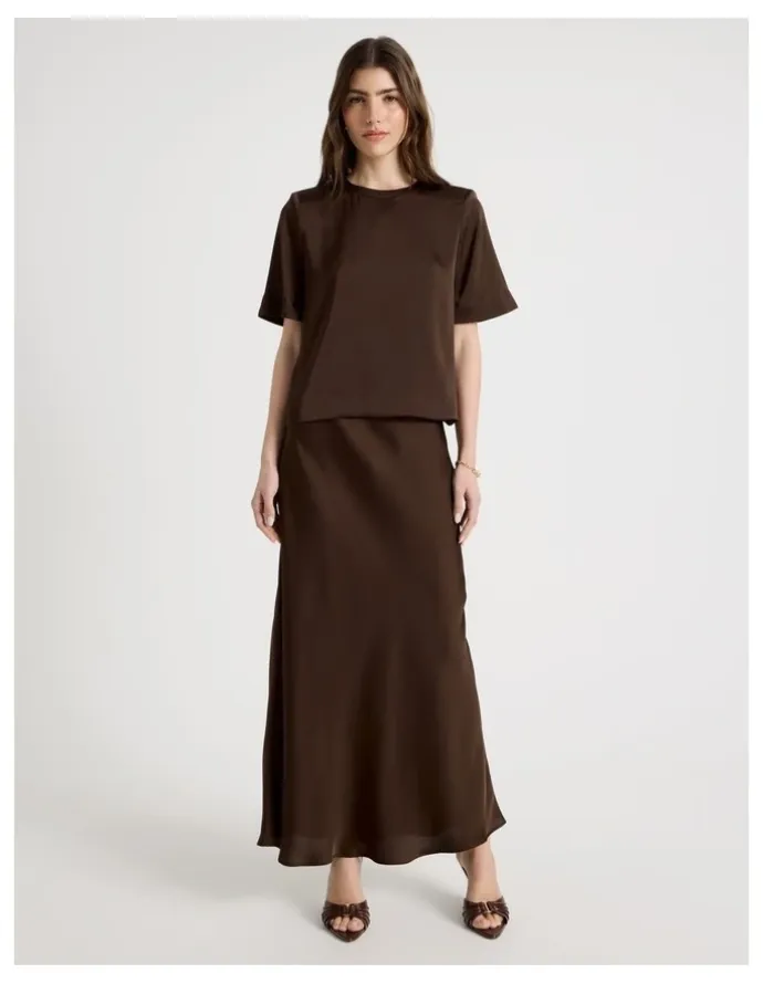 Blaq Satin Maxi Slip Skirt in Brown