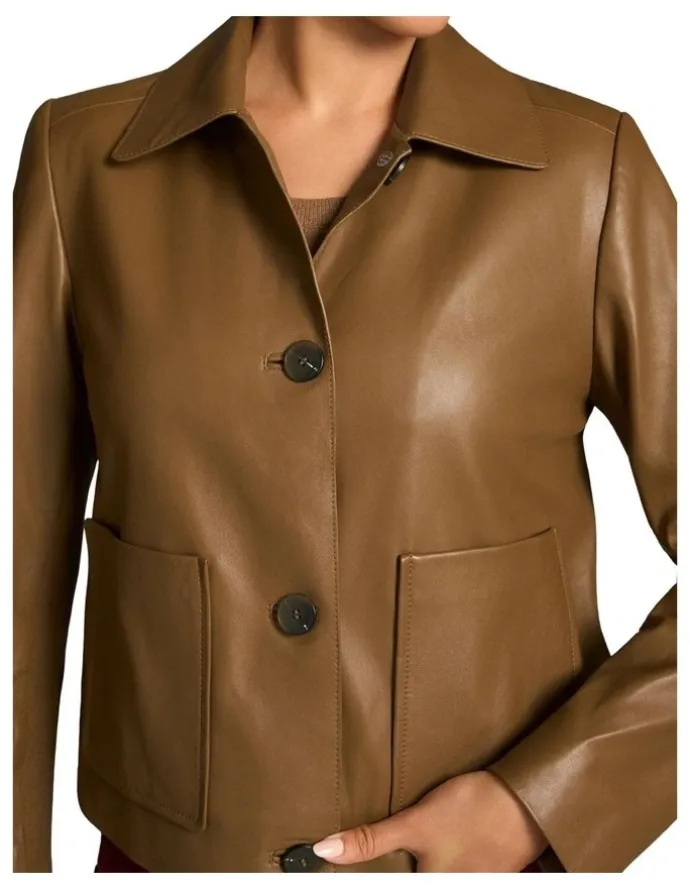 Blue Illusion Buttoned Leather Jacket - Tan
